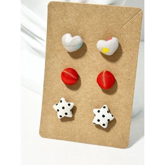 Polka dots & Heart Print Round Star & Heart Shape Fabric Stud Earrings 3 Pairs - Picture 1 of 6
